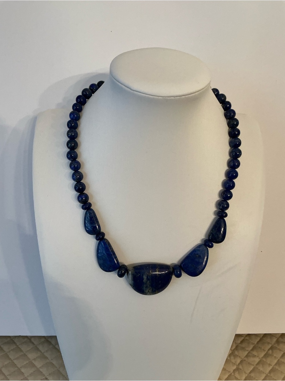 Vintage Blue Lapis Beaded Statement Necklace with sterling silver clasps/chain